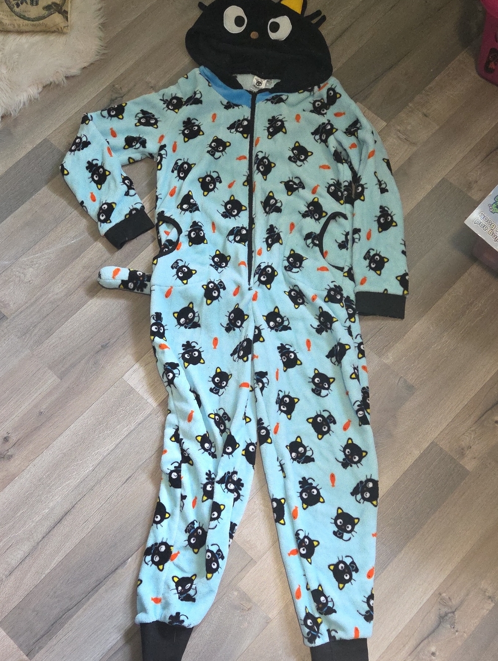 LAST CHANCE NWOT Sanrio Chococat Black and Light Blue Plush Hooded Onesie